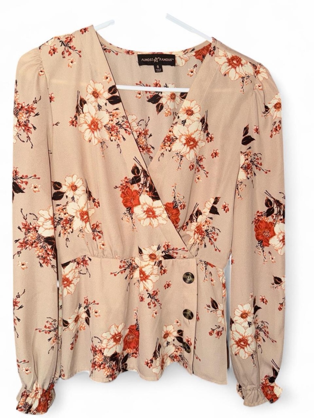 Almost Famous Beige Floral Wrap Peplum Blouse